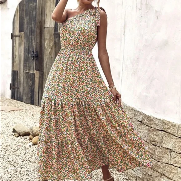 Boho tie shoulder A line maxi dress